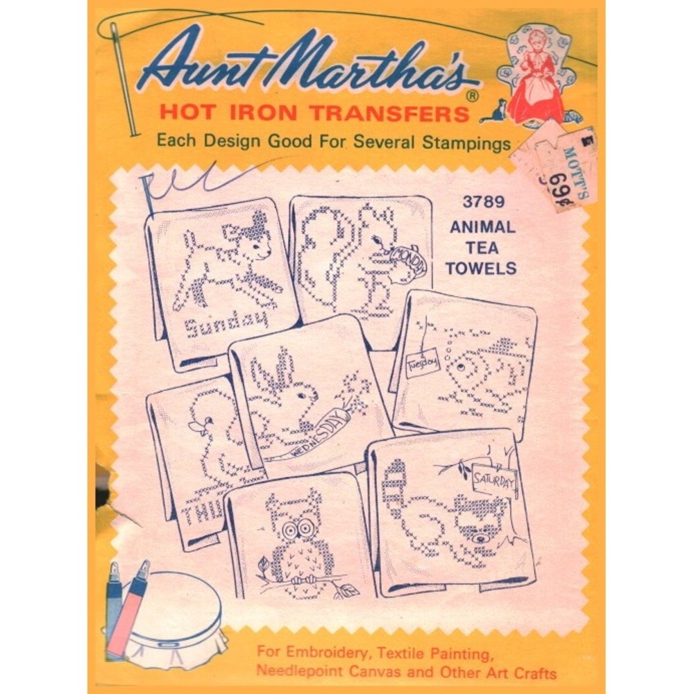 Aunt Martha's Hot Iron Transfers 3789 Animal Tea Towels Days of the Week Vintage
